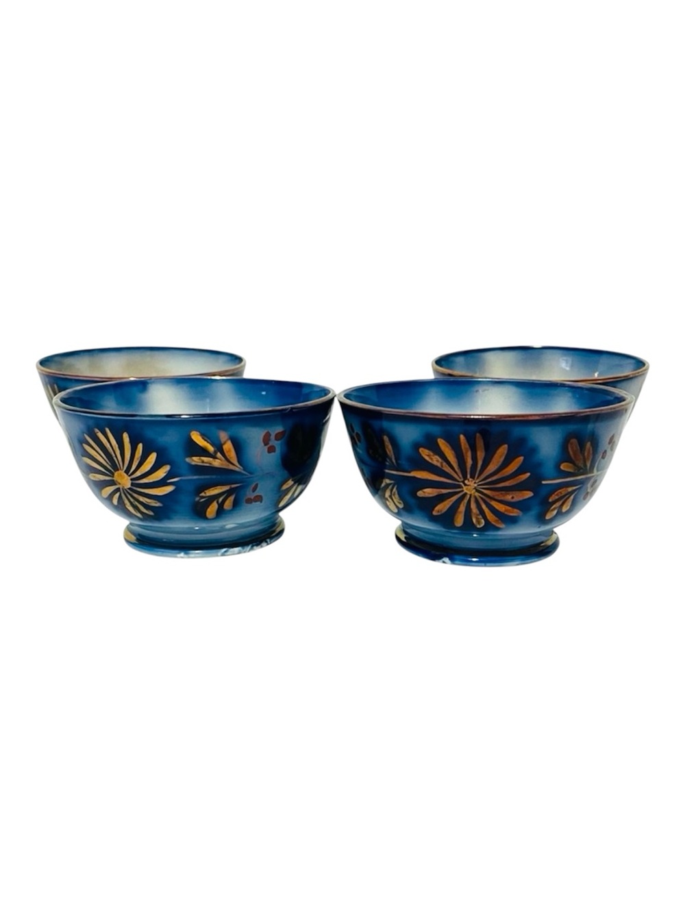 Set of 4 Antique Blue Glass Bowls with Gold Floral Motif